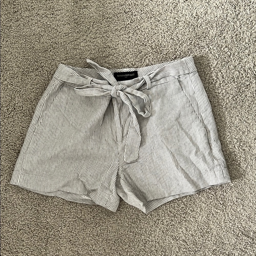 Gray Striped Women Linen Shorts